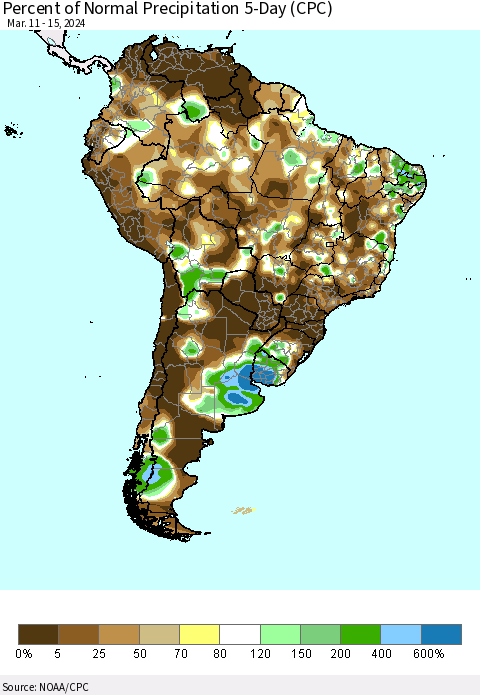 South America Percent of Normal Precipitation 5-Day (CPC) Thematic Map For 3/11/2024 - 3/15/2024