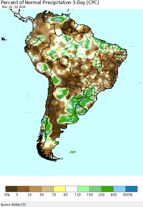 South America Percent of Normal Precipitation 5-Day (CPC) Thematic Map For 3/16/2024 - 3/20/2024