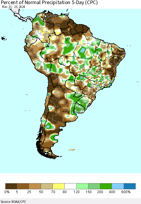 South America Percent of Normal Precipitation 5-Day (CPC) Thematic Map For 3/21/2024 - 3/25/2024