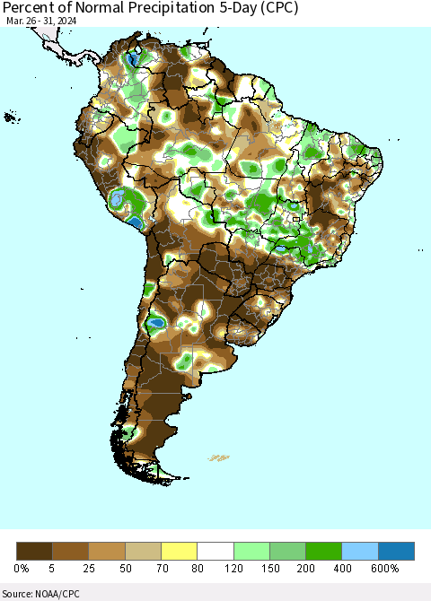 South America Percent of Normal Precipitation 5-Day (CPC) Thematic Map For 3/26/2024 - 3/31/2024