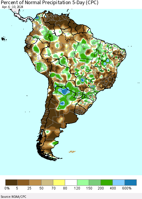 South America Percent of Normal Precipitation 5-Day (CPC) Thematic Map For 4/6/2024 - 4/10/2024