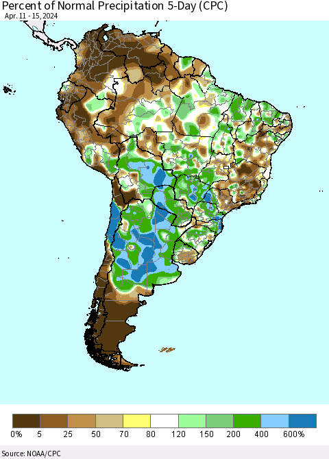 South America Percent of Normal Precipitation 5-Day (CPC) Thematic Map For 4/11/2024 - 4/15/2024