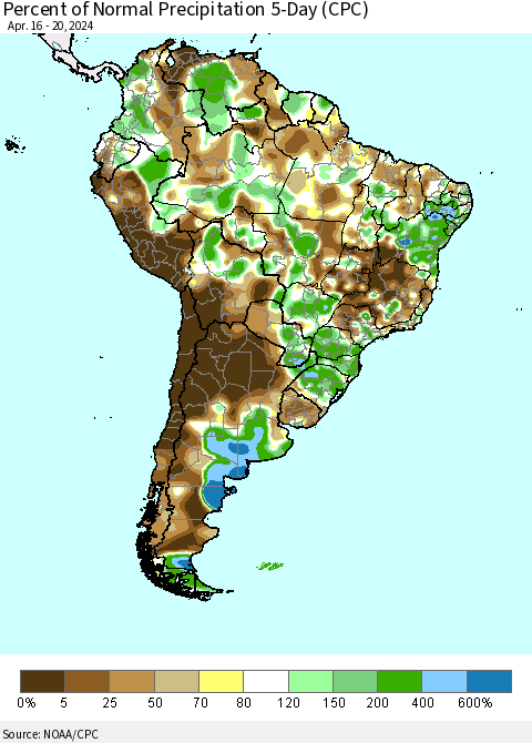 South America Percent of Normal Precipitation 5-Day (CPC) Thematic Map For 4/16/2024 - 4/20/2024