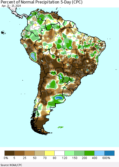 South America Percent of Normal Precipitation 5-Day (CPC) Thematic Map For 4/21/2024 - 4/25/2024