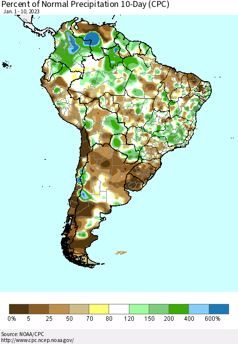 South America Percent of Normal Precipitation 10-Day (CPC) Thematic Map For 1/1/2023 - 1/10/2023