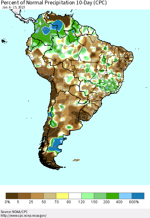 South America Percent of Normal Precipitation 10-Day (CPC) Thematic Map For 1/6/2023 - 1/15/2023