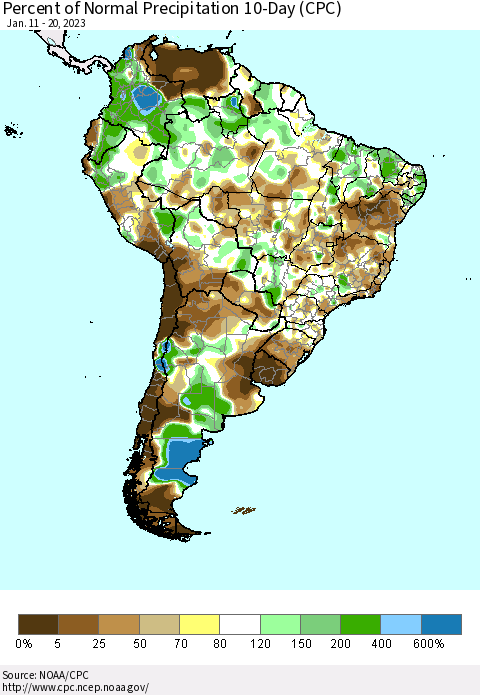 South America Percent of Normal Precipitation 10-Day (CPC) Thematic Map For 1/11/2023 - 1/20/2023