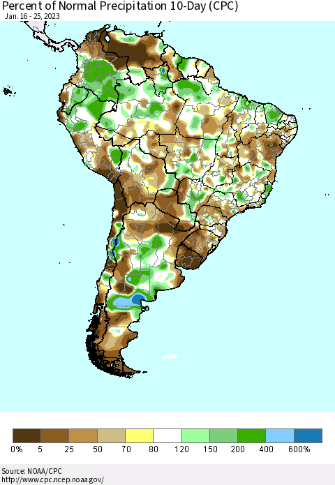 South America Percent of Normal Precipitation 10-Day (CPC) Thematic Map For 1/16/2023 - 1/25/2023