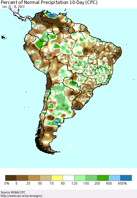 South America Percent of Normal Precipitation 10-Day (CPC) Thematic Map For 1/21/2023 - 1/31/2023