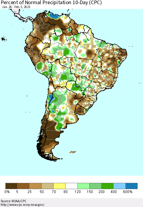 South America Percent of Normal Precipitation 10-Day (CPC) Thematic Map For 1/26/2023 - 2/5/2023