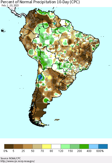 South America Percent of Normal Precipitation 10-Day (CPC) Thematic Map For 2/1/2023 - 2/10/2023