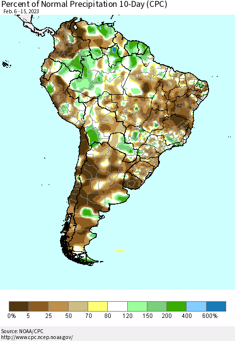 South America Percent of Normal Precipitation 10-Day (CPC) Thematic Map For 2/6/2023 - 2/15/2023