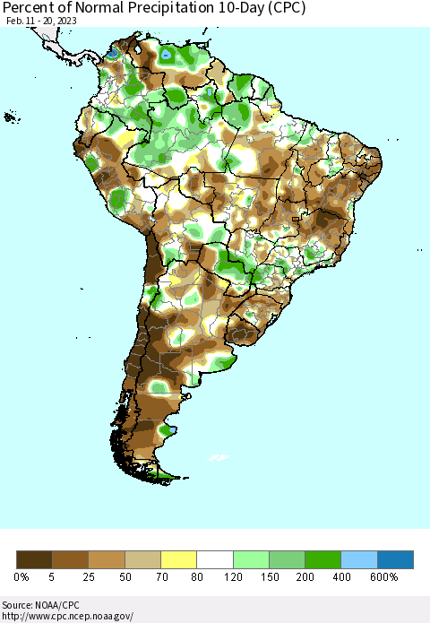 South America Percent of Normal Precipitation 10-Day (CPC) Thematic Map For 2/11/2023 - 2/20/2023