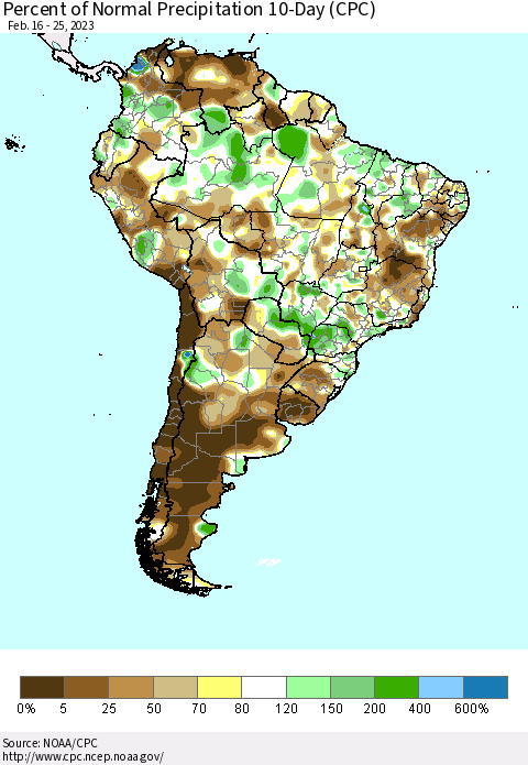 South America Percent of Normal Precipitation 10-Day (CPC) Thematic Map For 2/16/2023 - 2/25/2023