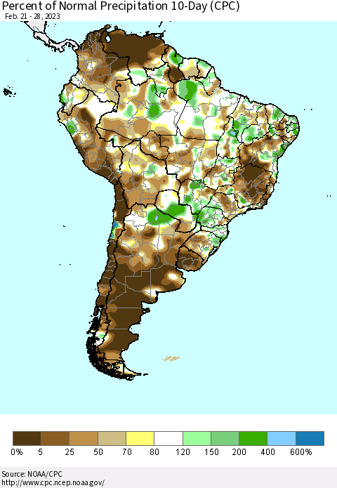 South America Percent of Normal Precipitation 10-Day (CPC) Thematic Map For 2/21/2023 - 2/28/2023