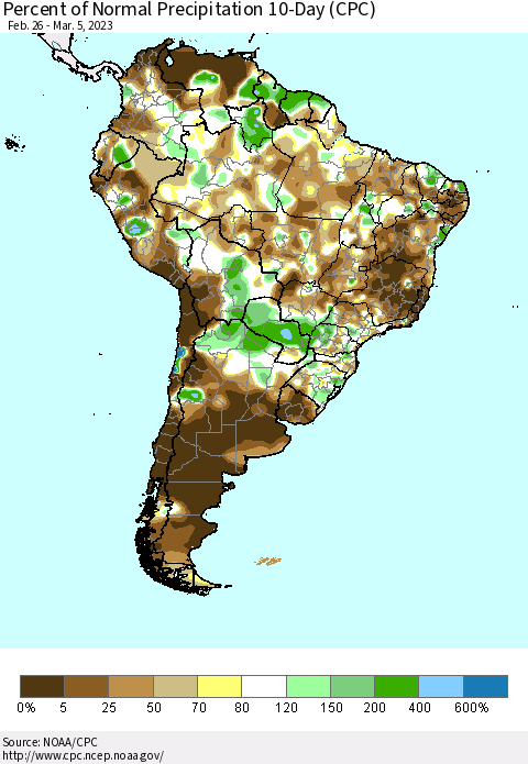 South America Percent of Normal Precipitation 10-Day (CPC) Thematic Map For 2/26/2023 - 3/5/2023
