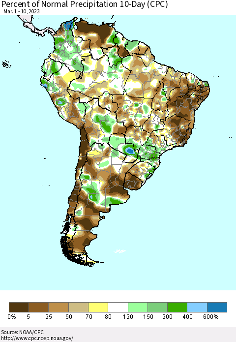 South America Percent of Normal Precipitation 10-Day (CPC) Thematic Map For 3/1/2023 - 3/10/2023