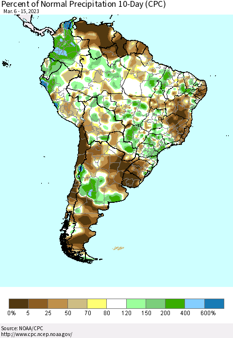 South America Percent of Normal Precipitation 10-Day (CPC) Thematic Map For 3/6/2023 - 3/15/2023