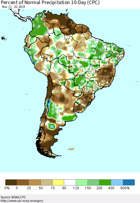 South America Percent of Normal Precipitation 10-Day (CPC) Thematic Map For 3/11/2023 - 3/20/2023