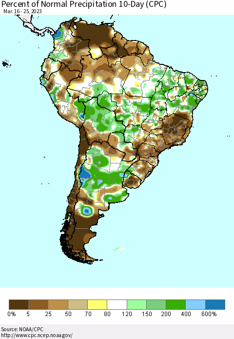 South America Percent of Normal Precipitation 10-Day (CPC) Thematic Map For 3/16/2023 - 3/25/2023