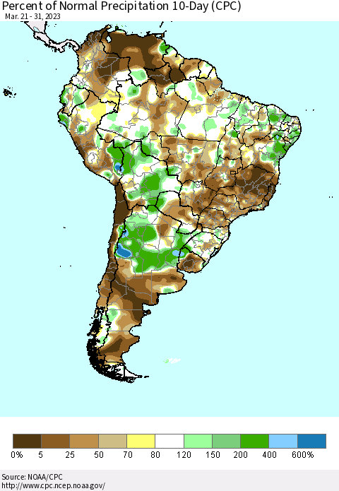 South America Percent of Normal Precipitation 10-Day (CPC) Thematic Map For 3/21/2023 - 3/31/2023