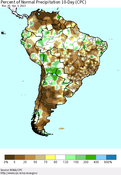 South America Percent of Normal Precipitation 10-Day (CPC) Thematic Map For 3/26/2023 - 4/5/2023