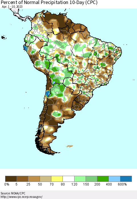South America Percent of Normal Precipitation 10-Day (CPC) Thematic Map For 4/1/2023 - 4/10/2023