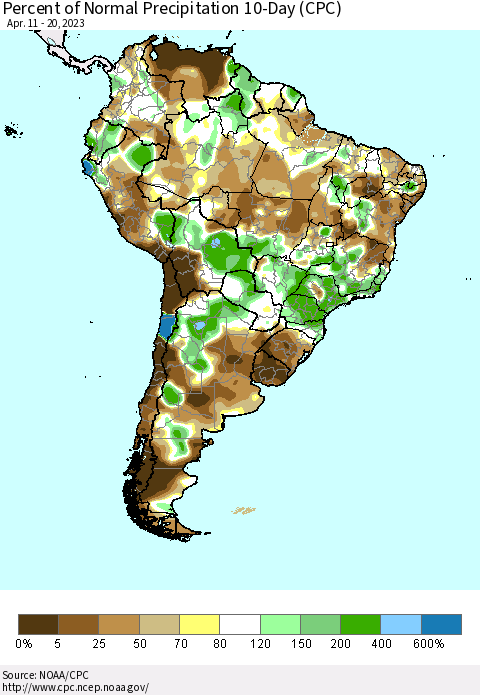 South America Percent of Normal Precipitation 10-Day (CPC) Thematic Map For 4/11/2023 - 4/20/2023