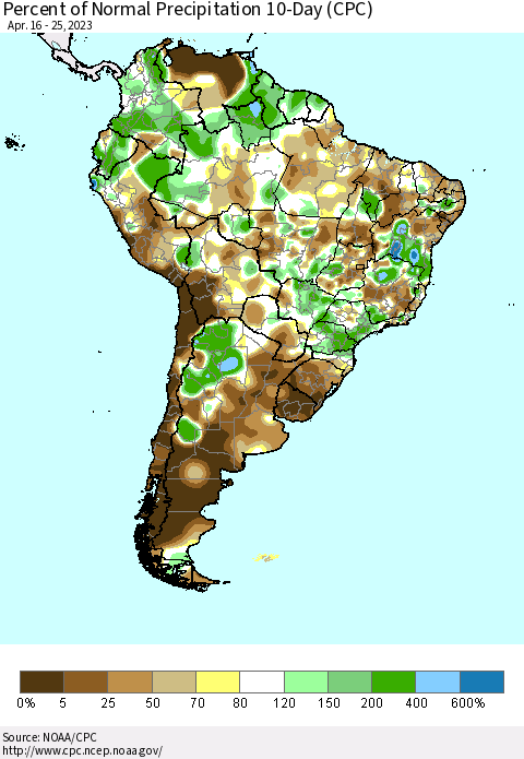 South America Percent of Normal Precipitation 10-Day (CPC) Thematic Map For 4/16/2023 - 4/25/2023