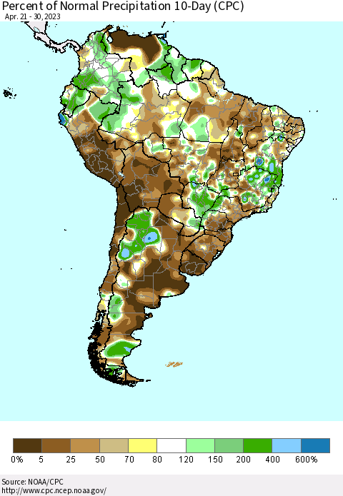 South America Percent of Normal Precipitation 10-Day (CPC) Thematic Map For 4/21/2023 - 4/30/2023