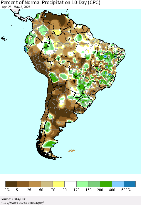 South America Percent of Normal Precipitation 10-Day (CPC) Thematic Map For 4/26/2023 - 5/5/2023