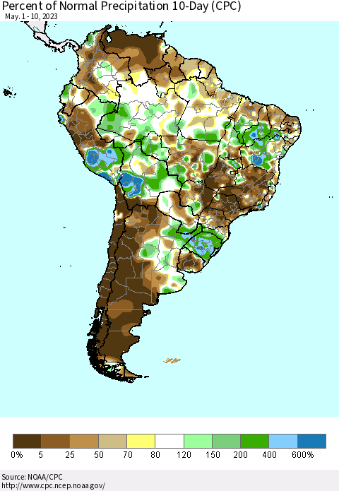 South America Percent of Normal Precipitation 10-Day (CPC) Thematic Map For 5/1/2023 - 5/10/2023