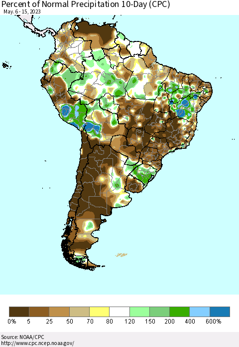 South America Percent of Normal Precipitation 10-Day (CPC) Thematic Map For 5/6/2023 - 5/15/2023