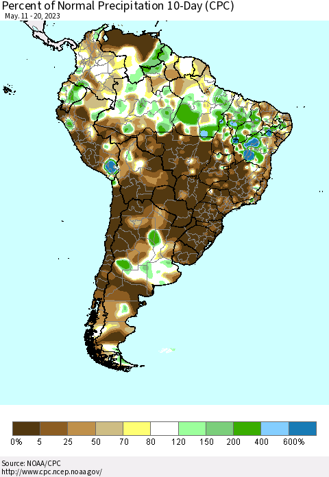 South America Percent of Normal Precipitation 10-Day (CPC) Thematic Map For 5/11/2023 - 5/20/2023