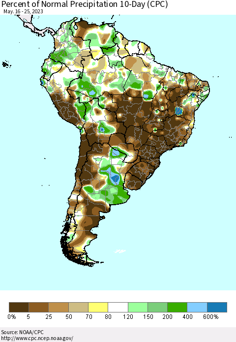 South America Percent of Normal Precipitation 10-Day (CPC) Thematic Map For 5/16/2023 - 5/25/2023