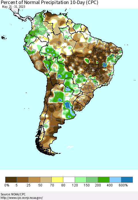South America Percent of Normal Precipitation 10-Day (CPC) Thematic Map For 5/21/2023 - 5/31/2023