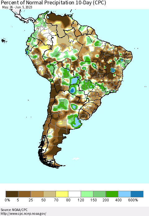 South America Percent of Normal Precipitation 10-Day (CPC) Thematic Map For 5/26/2023 - 6/5/2023