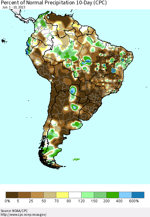 South America Percent of Normal Precipitation 10-Day (CPC) Thematic Map For 6/1/2023 - 6/10/2023