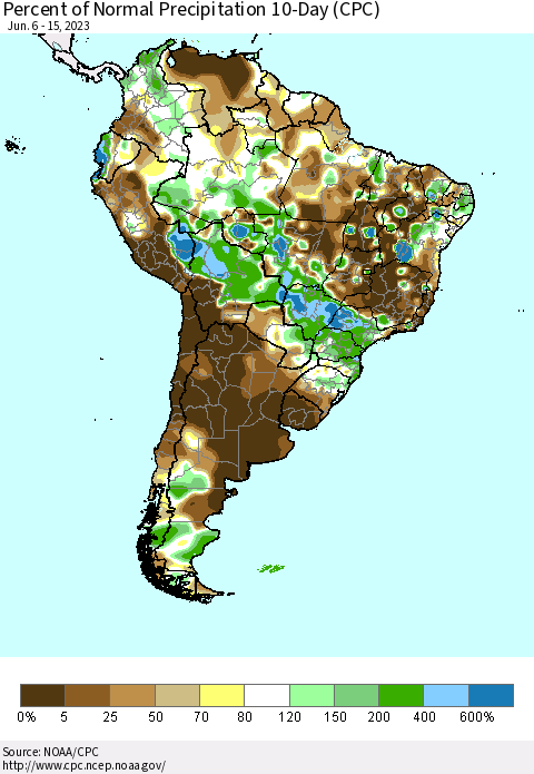 South America Percent of Normal Precipitation 10-Day (CPC) Thematic Map For 6/6/2023 - 6/15/2023