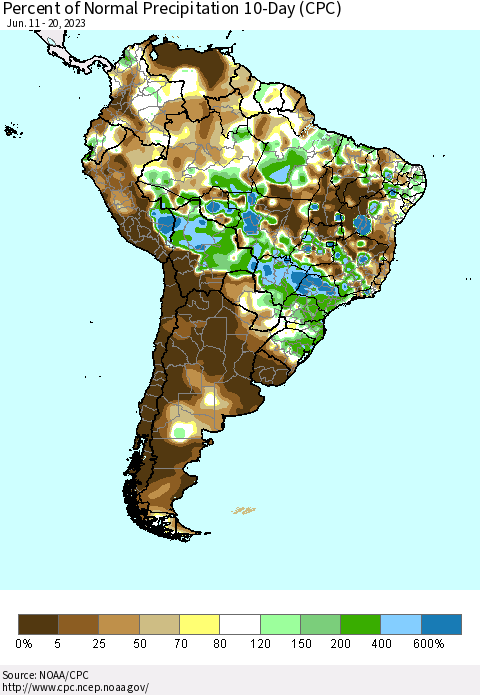 South America Percent of Normal Precipitation 10-Day (CPC) Thematic Map For 6/11/2023 - 6/20/2023