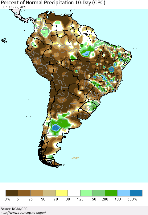 South America Percent of Normal Precipitation 10-Day (CPC) Thematic Map For 6/16/2023 - 6/25/2023