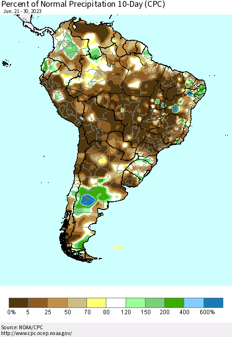 South America Percent of Normal Precipitation 10-Day (CPC) Thematic Map For 6/21/2023 - 6/30/2023