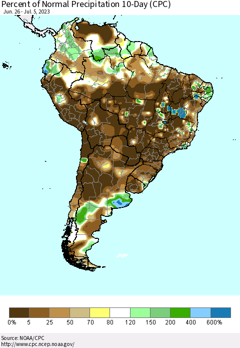 South America Percent of Normal Precipitation 10-Day (CPC) Thematic Map For 6/26/2023 - 7/5/2023