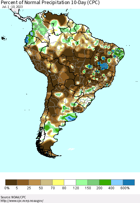 South America Percent of Normal Precipitation 10-Day (CPC) Thematic Map For 7/1/2023 - 7/10/2023