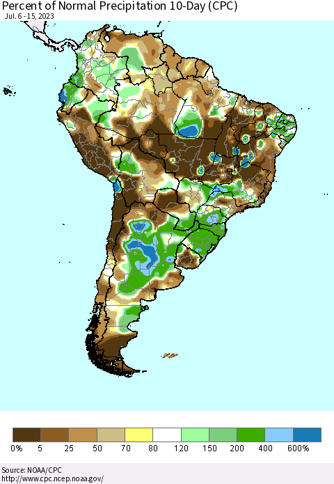 South America Percent of Normal Precipitation 10-Day (CPC) Thematic Map For 7/6/2023 - 7/15/2023