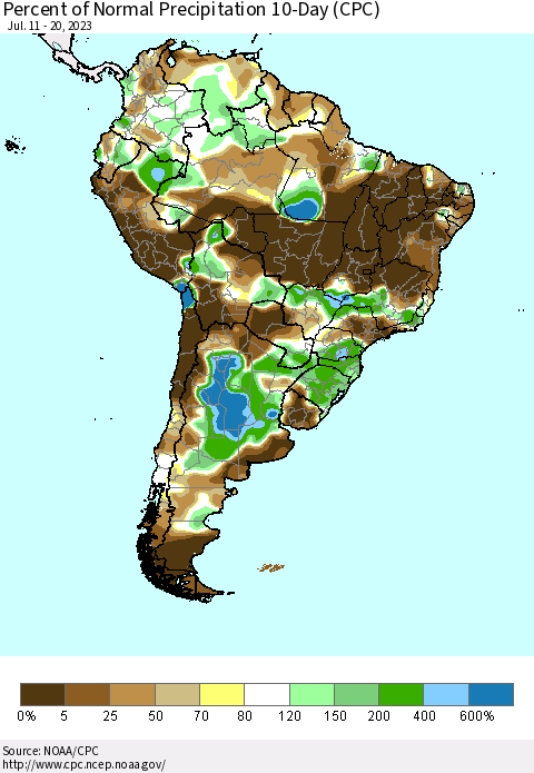 South America Percent of Normal Precipitation 10-Day (CPC) Thematic Map For 7/11/2023 - 7/20/2023