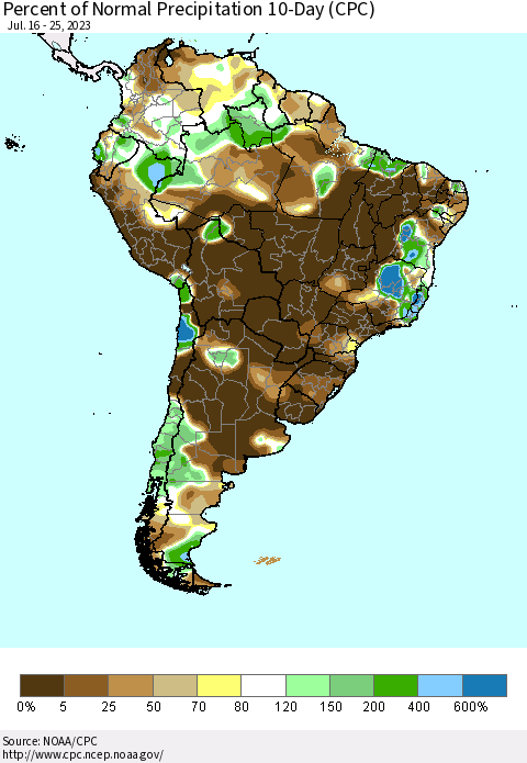 South America Percent of Normal Precipitation 10-Day (CPC) Thematic Map For 7/16/2023 - 7/25/2023