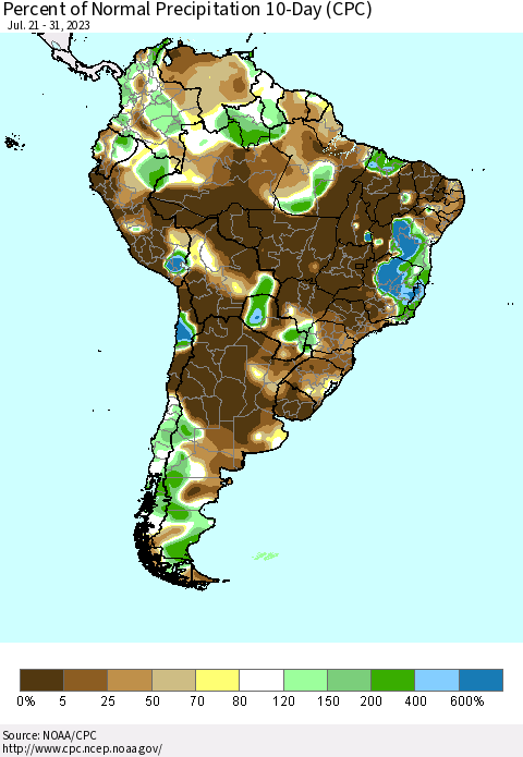 South America Percent of Normal Precipitation 10-Day (CPC) Thematic Map For 7/21/2023 - 7/31/2023