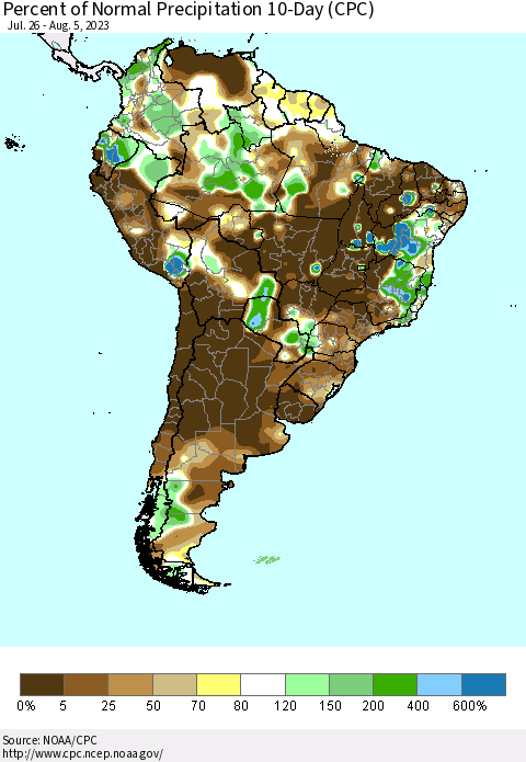 South America Percent of Normal Precipitation 10-Day (CPC) Thematic Map For 7/26/2023 - 8/5/2023
