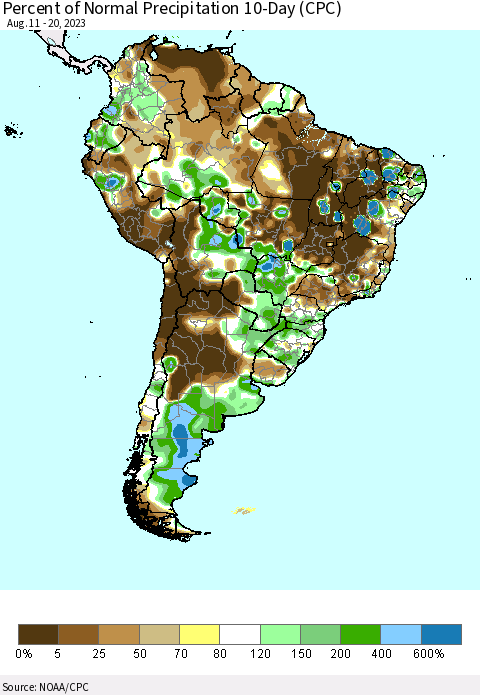 South America Percent of Normal Precipitation 10-Day (CPC) Thematic Map For 8/11/2023 - 8/20/2023